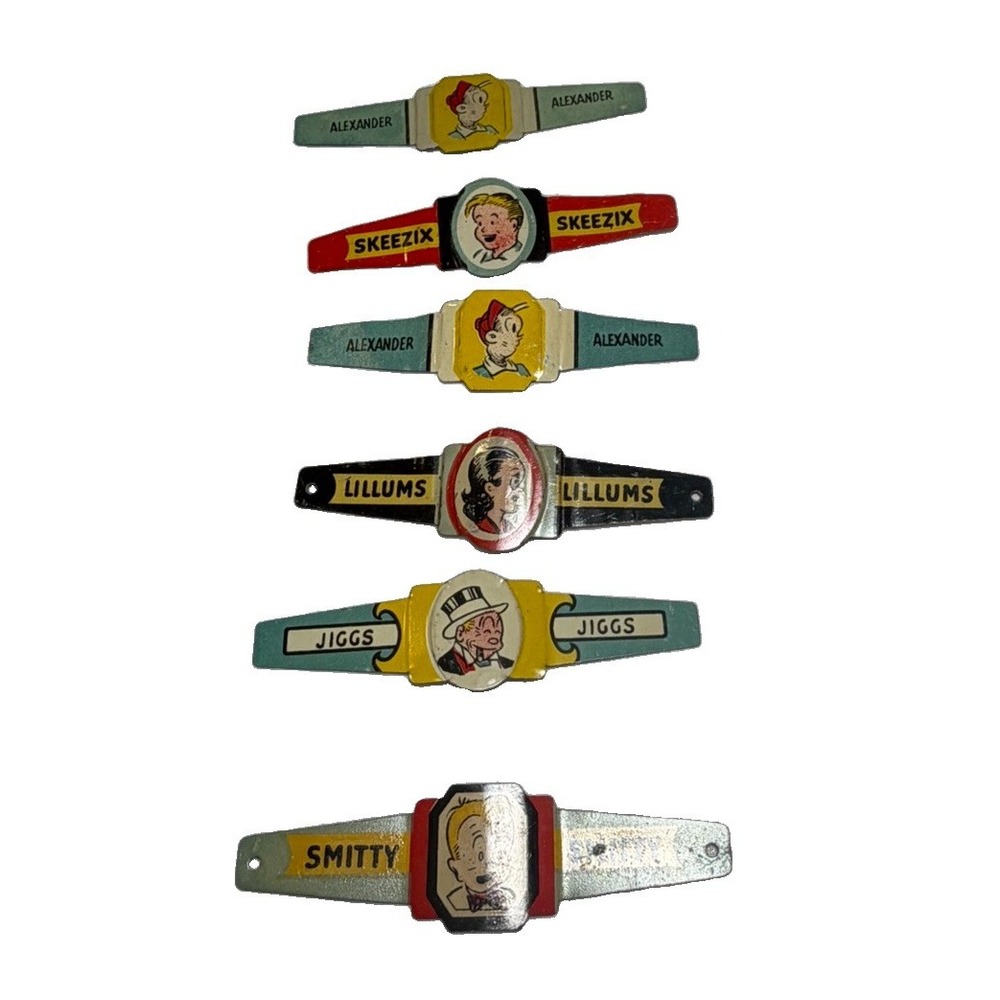 1949 Post Toasties Cereal Premium Tin Comic Character Rings Lot of 6 KFS
